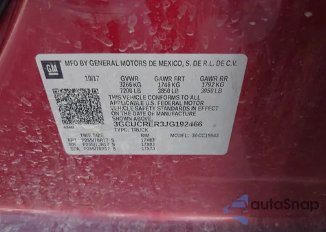 2018 Chevrolet Silverado 1500 1Lt из США, поврежденный, VIN 3GCUCRER3JG192466